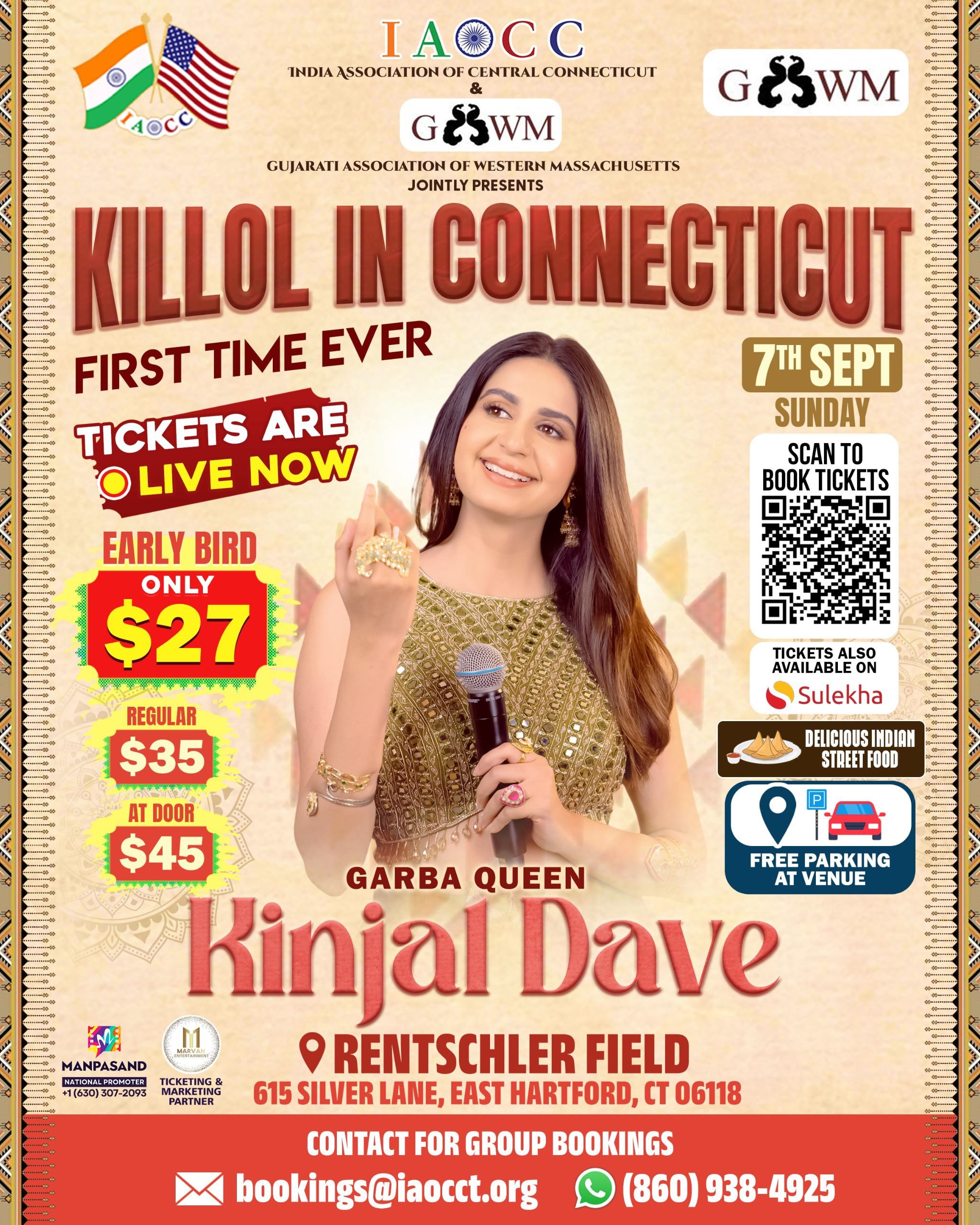 Read more about the article For the first time ever, IAOCC (India Association of Central Connecticut) & GAWM (Gujarati Association of Western Massachusetts) present KILLOL in Connecticut with the Garba Queen, Kinjal Dave, LIVE in CT!